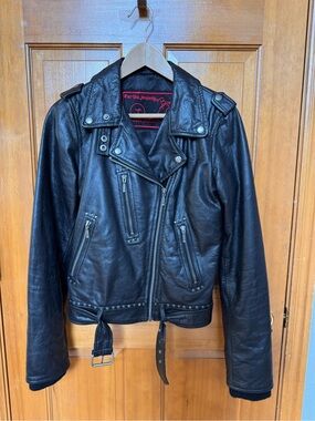 Classic ‘One Sexy Biker Chick’ Black Leather Moto Jacket - Women's Size 38